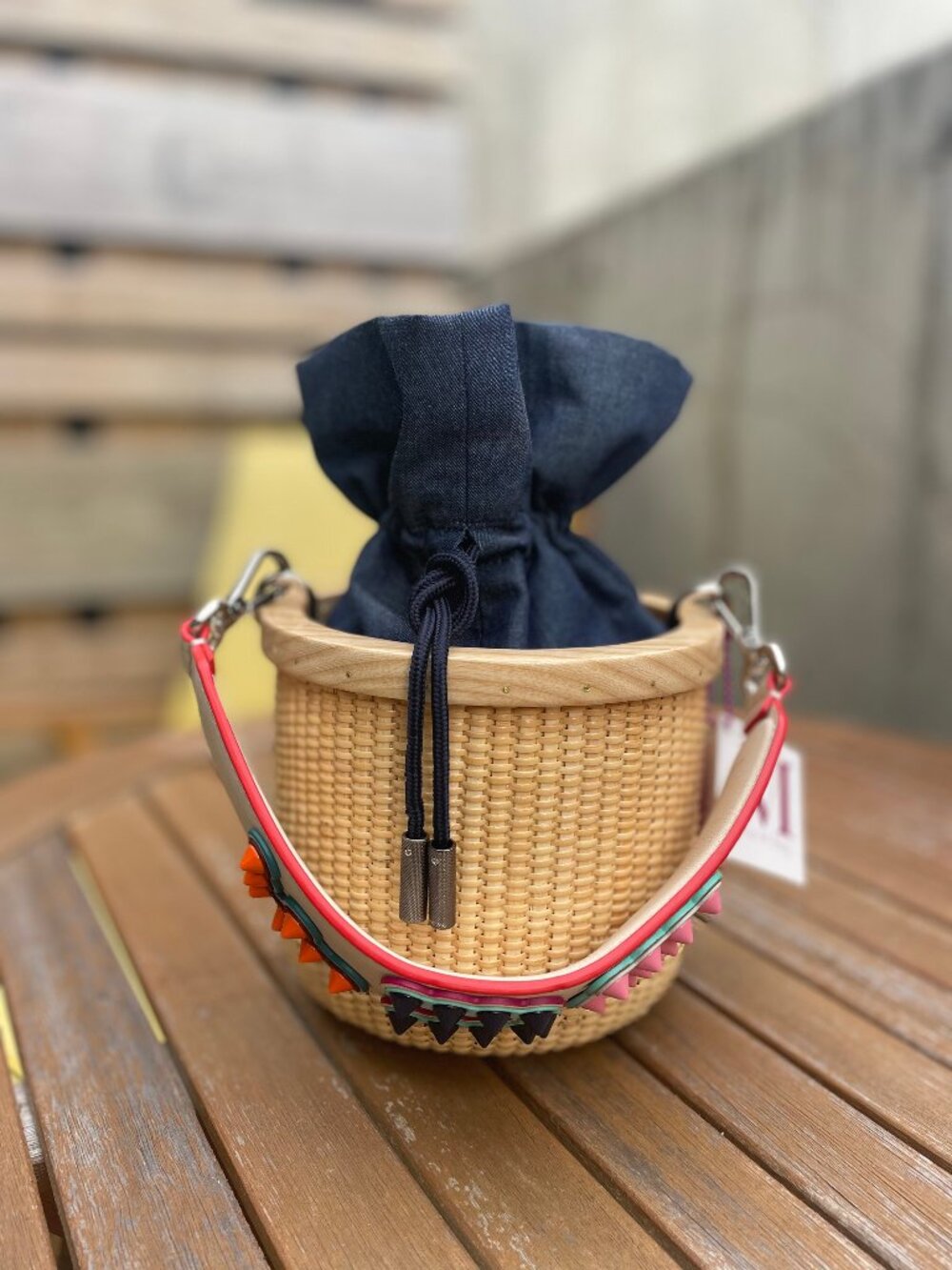 Nantucket Lightship Basket Purse – Authentic Vintage Designer Strap Denim Round